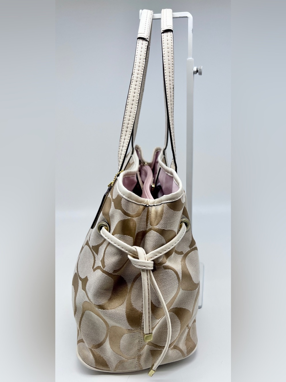 Coach Signature Stripe Carryall Bag Tote F21949 Khaki/Chalk - Picture 4 of 9